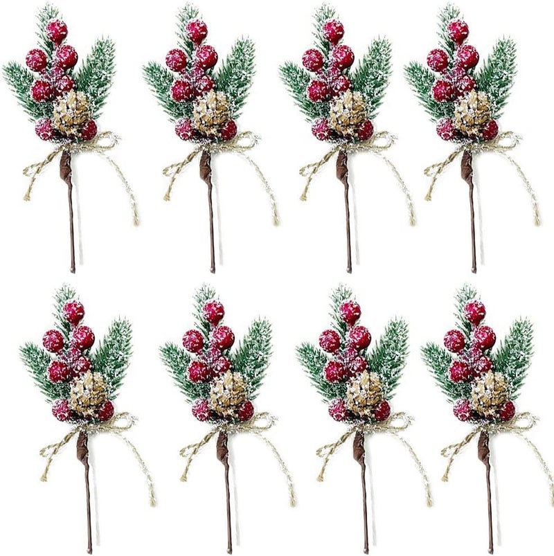 LEBERY 8pcs Christmas Berries Red Stems Evergreen Pine Branches, Christmas Picks Spray Artificial Pine Cones Holly Stem Craft Winter Holiday Floral Picks for Décor DIY Xmas Garland Wreath Ornament - Image 3